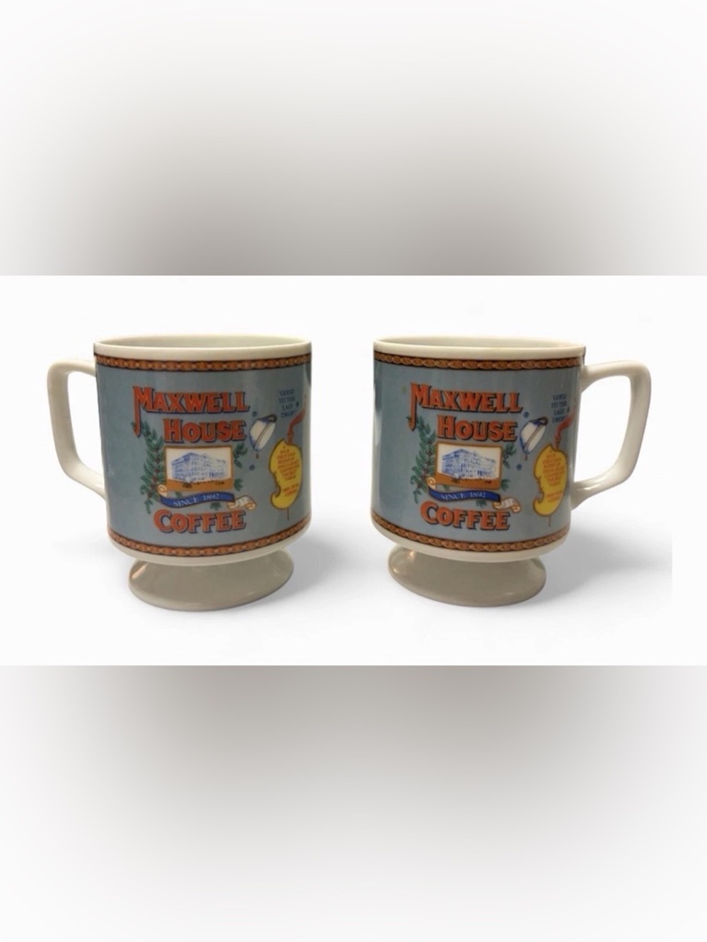 Vintage 1970's Pedestal Advertising Maxwell House Coffee Mugs Cups Set of 2